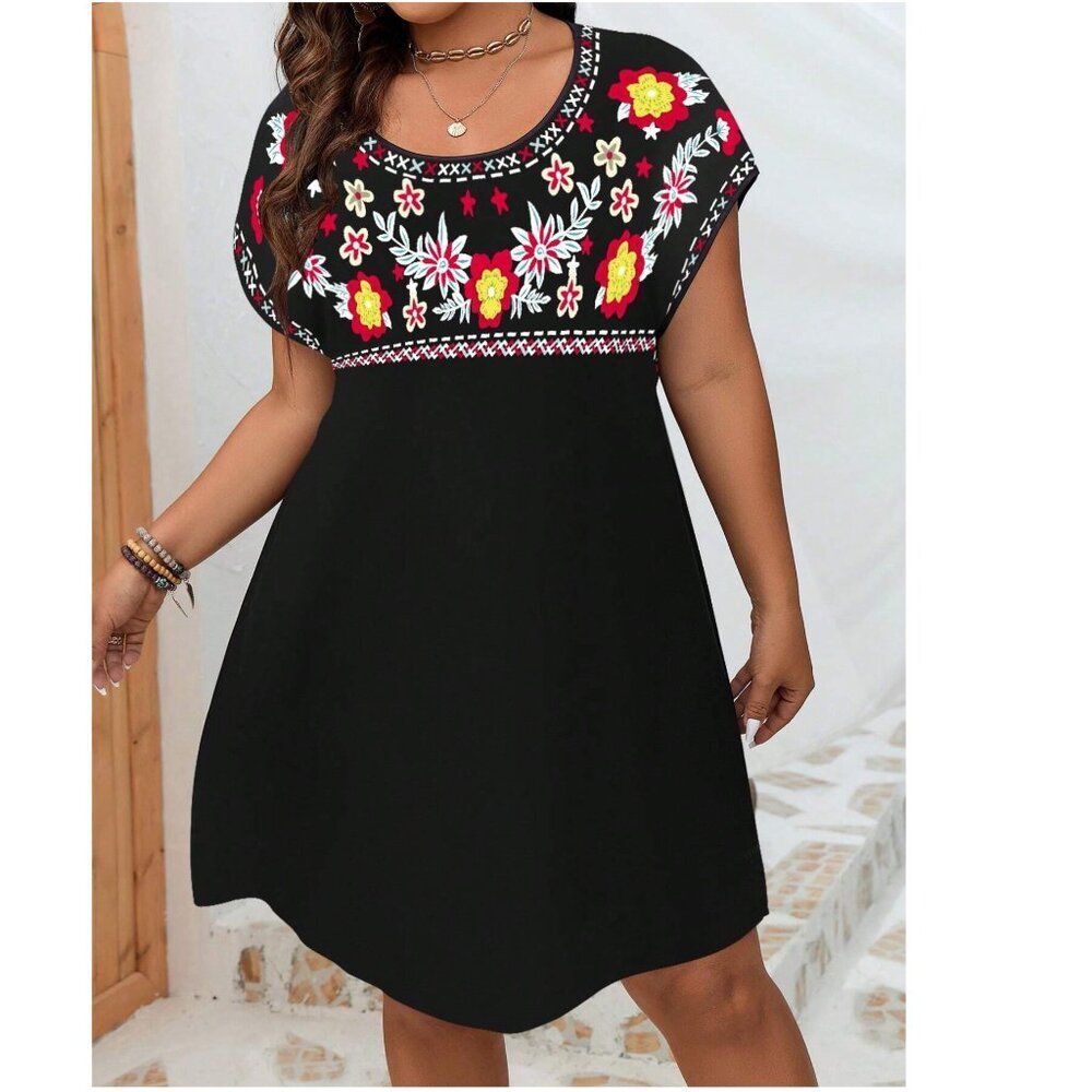 SHE!N LUNE Plus Floral Print Batwing Sleeve Dress Black Plus size 4XL(20)